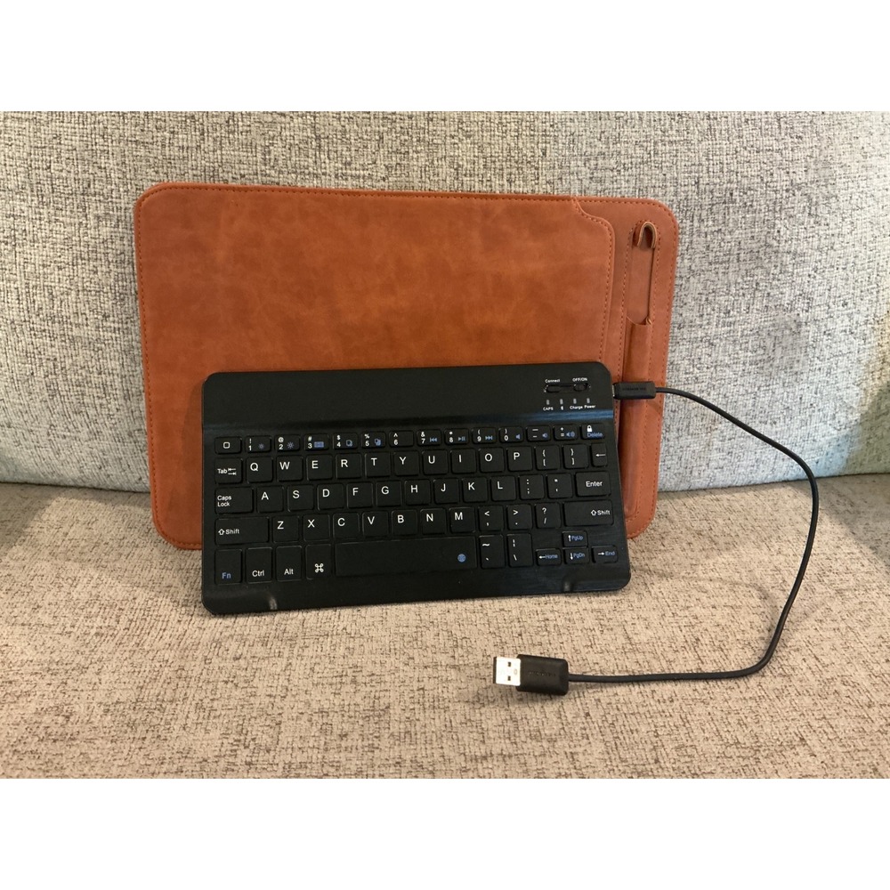 Slim Wireless Bluetooth Keyboard with Brown Faux Leather Protective Sleeve Case